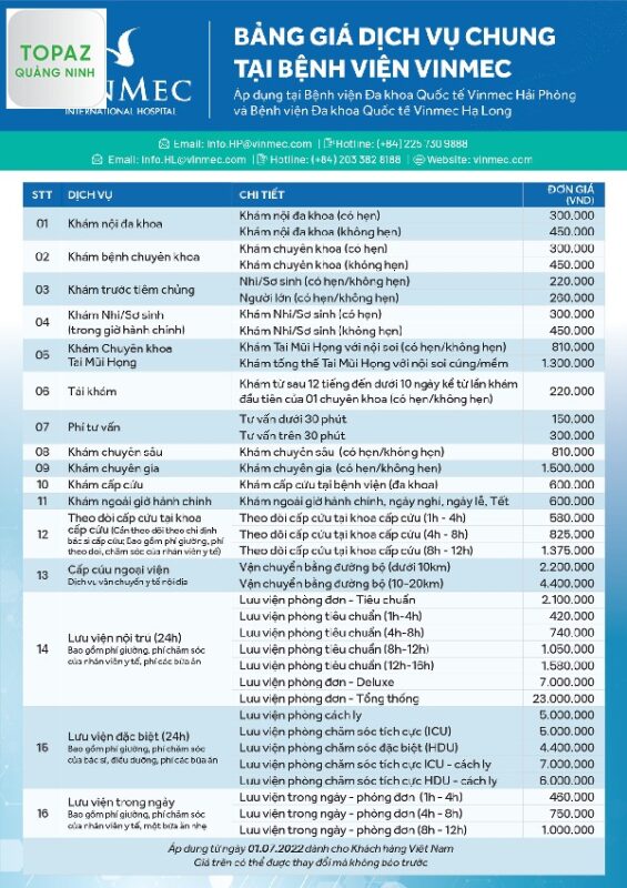 Bảng giá dịch vụ chung áp dụng tại Vinmec Hạ Long