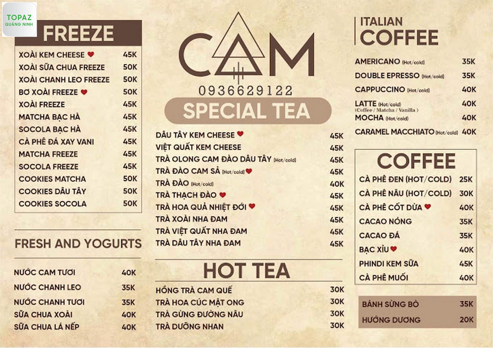 Menu của Cam Cafe