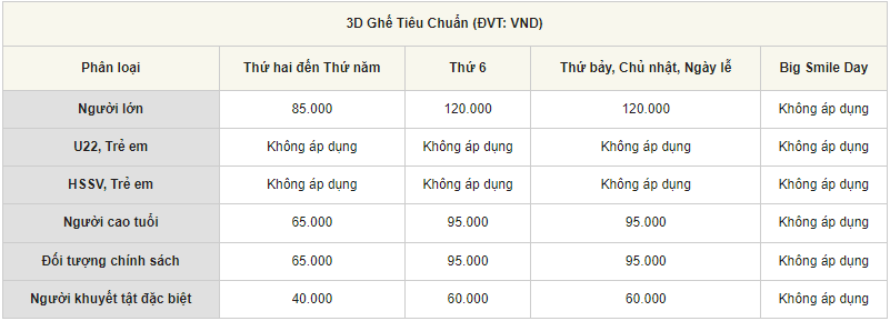 Bảng giá vé phim 3D tại Lotte Cinema Hạ Long
